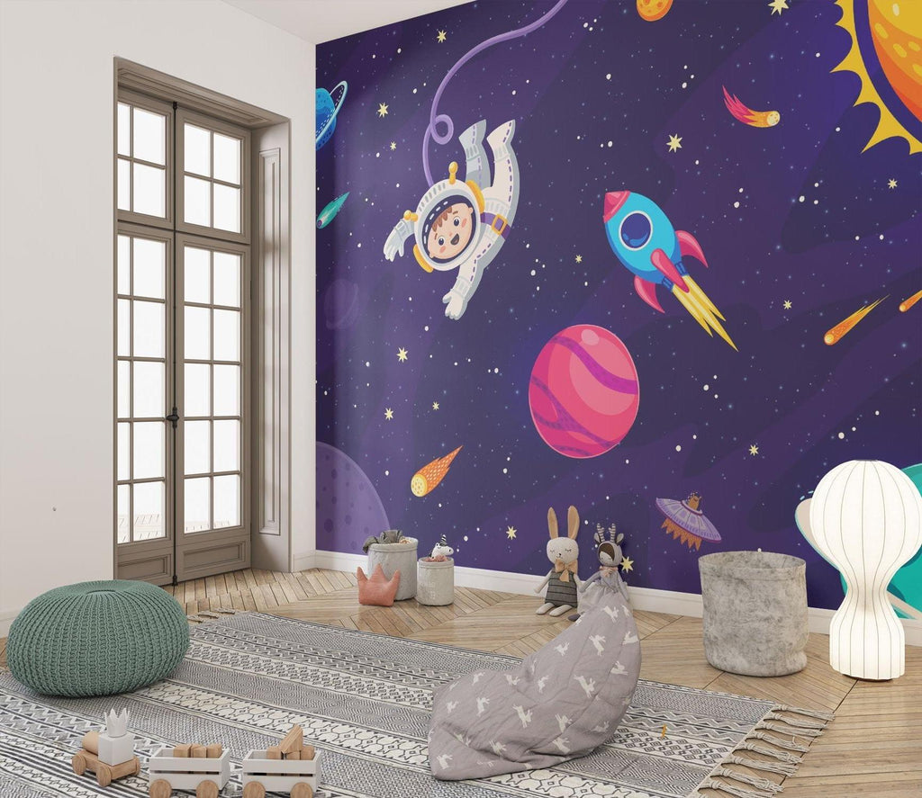 Space exploration mural creating wonder in gaming room with planetary scene