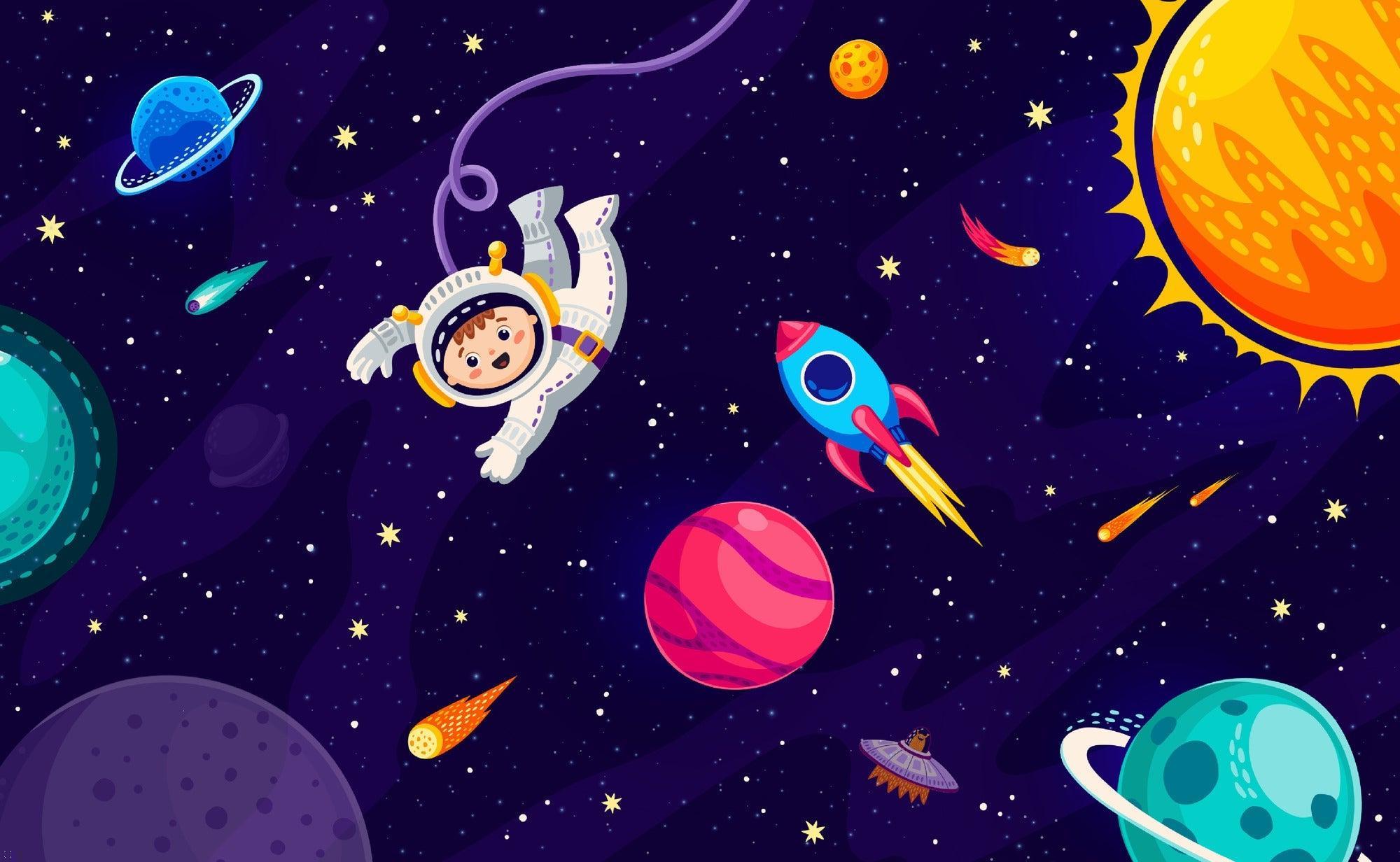 Space wallpaper design file showing detailed astronaut adventure pattern with vibrant planets