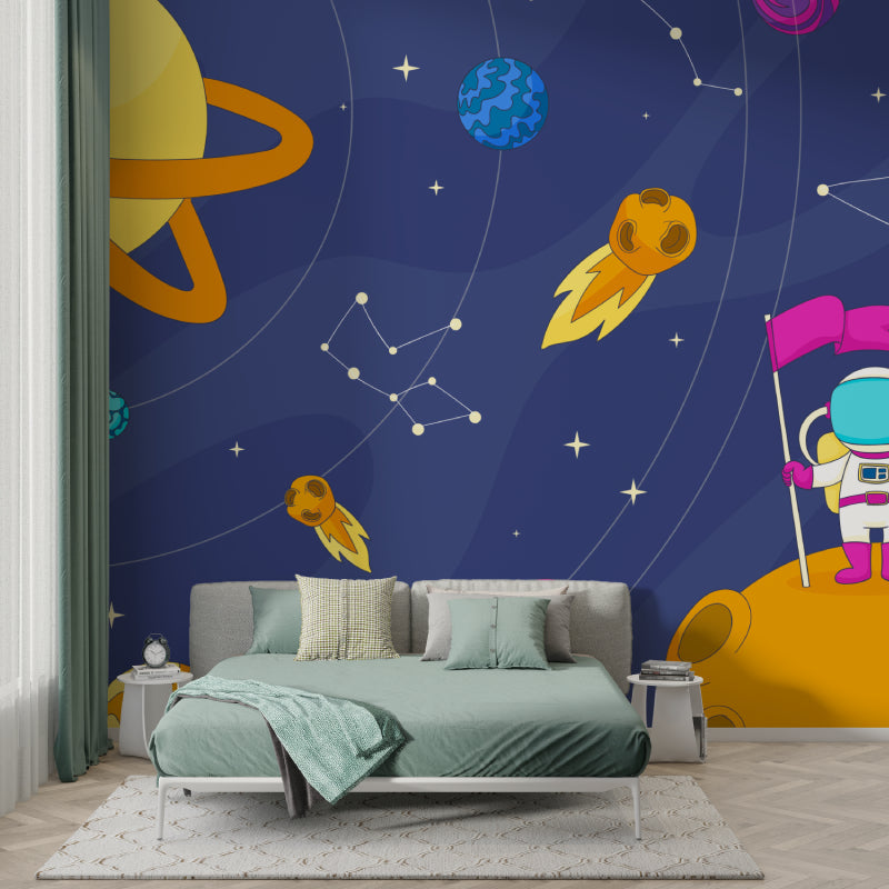 Space exploration wallpaper brings adventure to a modern kids bedroom with astronaut and planets theme