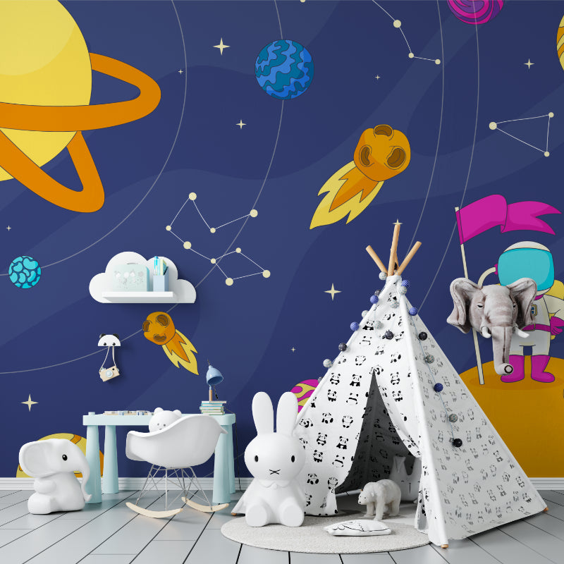 Kids study area featuring cosmic wallpaper with educational planet designs