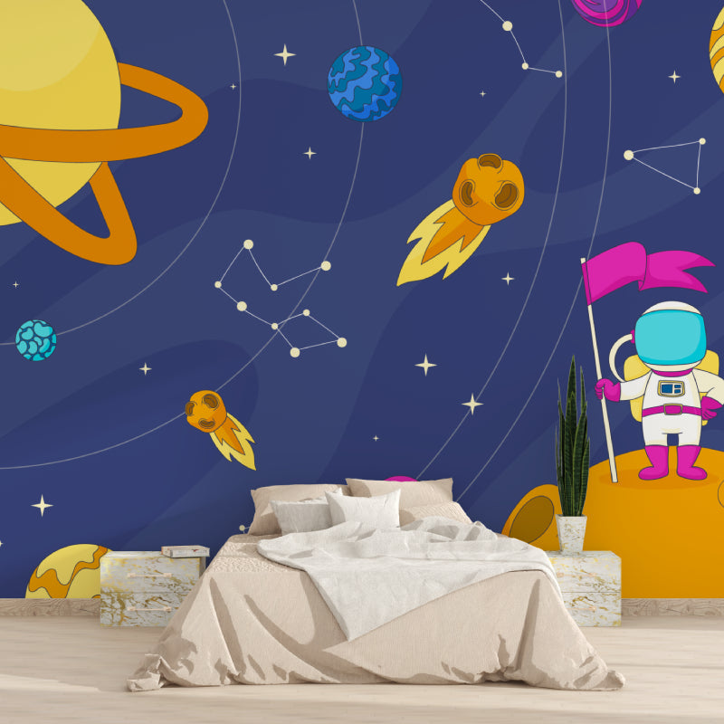 Game room featuring immersive space adventure wallpaper with twinkling stars