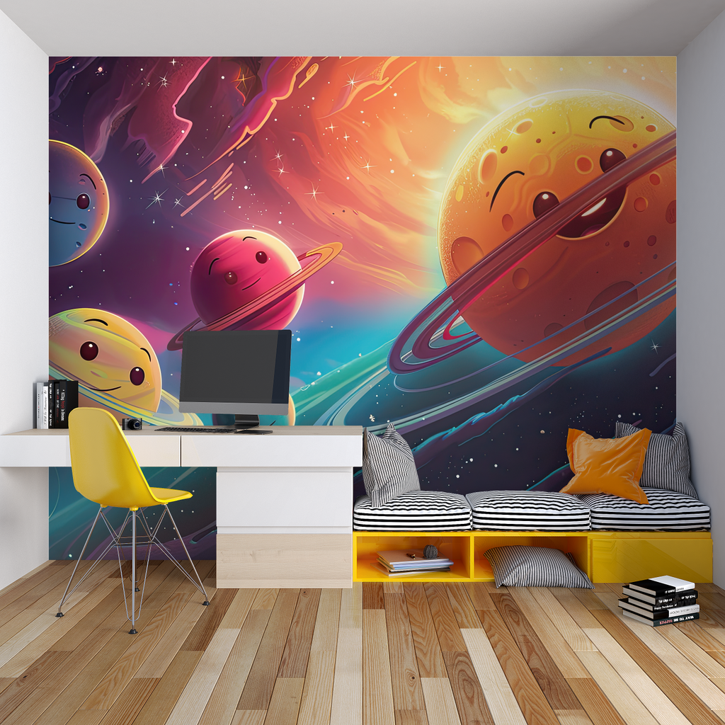 Astronaut wallpaper transforming a gaming room into an epic space station with red planet views
