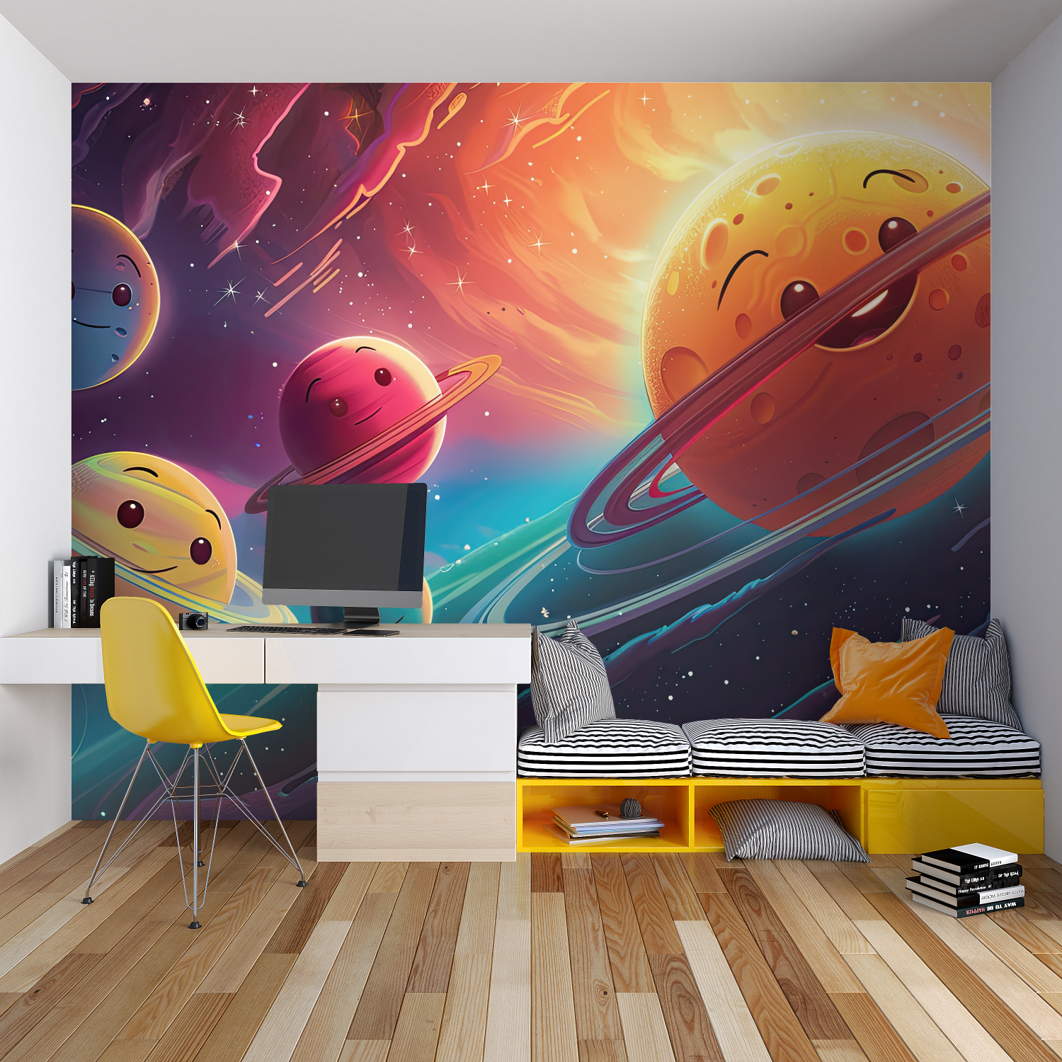 Astronaut wallpaper transforming a gaming room into an epic space station with red planet views