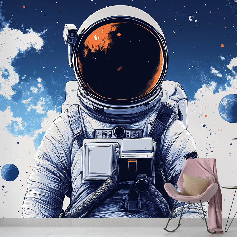 Space exploration wallpaper creates a stunning backdrop in modern gaming room, astronaut design adding depth to entertainment space