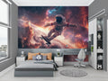 Space mural wallpaper in modern kids bedroom showing astronaut skateboarding through stars