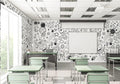Space wallpaper in modern kids bedroom showing black and white astronomy doodles