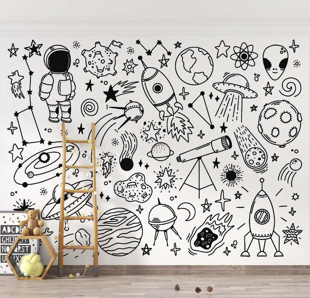 Study room featuring space themed wallpaper with educational doodles