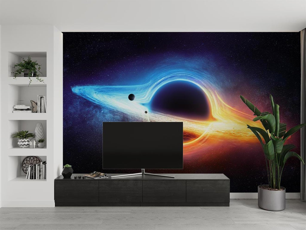 Space mural wallpaper with black hole design transforms modern living room into cosmic observatory