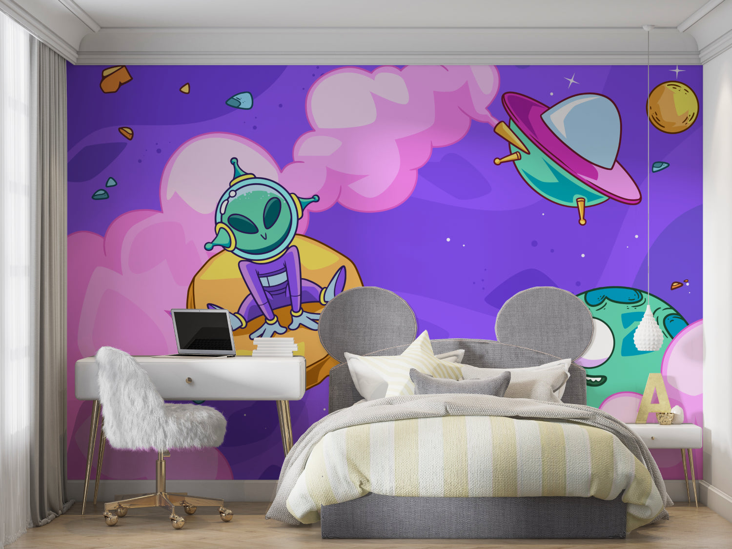 Playful alien wallpaper displayed in cozy nursery setting with fun space theme decor