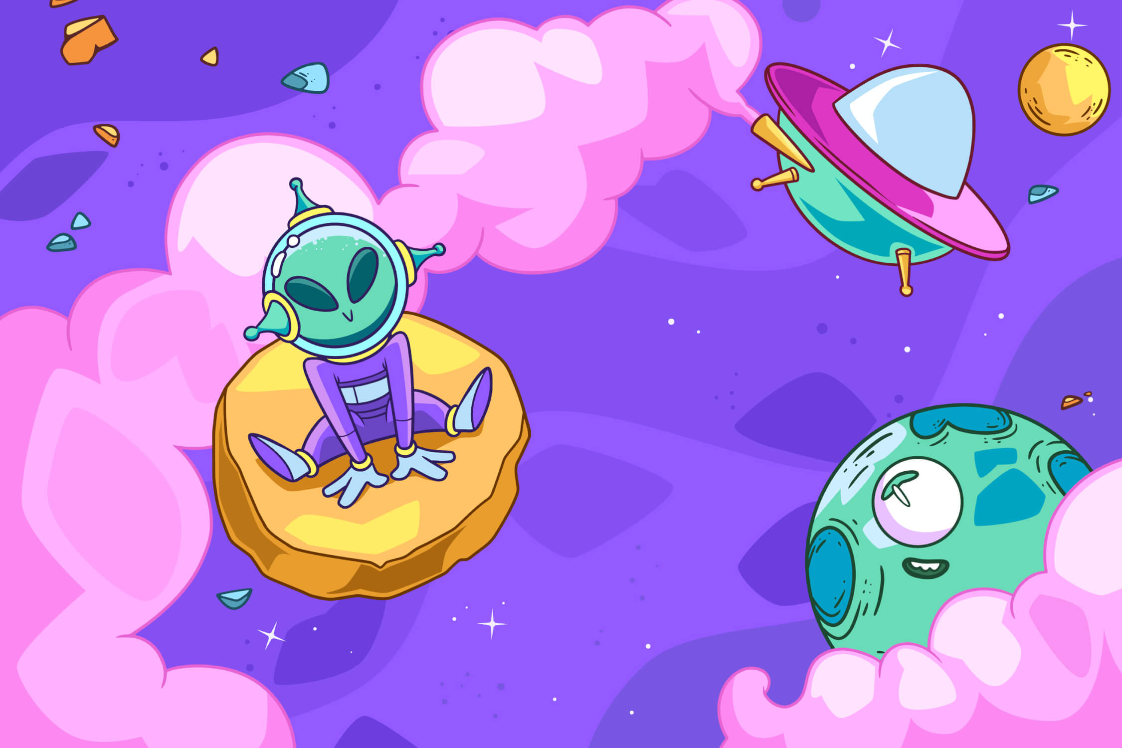 Design file showing full pattern of cartoon aliens and UFOs in space adventure theme