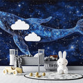 Space whale constellation wallpaper in cozy bedroom, soft star glow illuminating peaceful sleep space