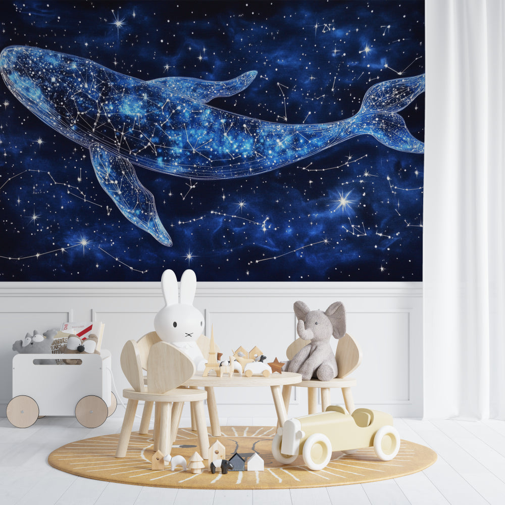 Celestial whale mural in modern playroom, creating magical storytelling corner