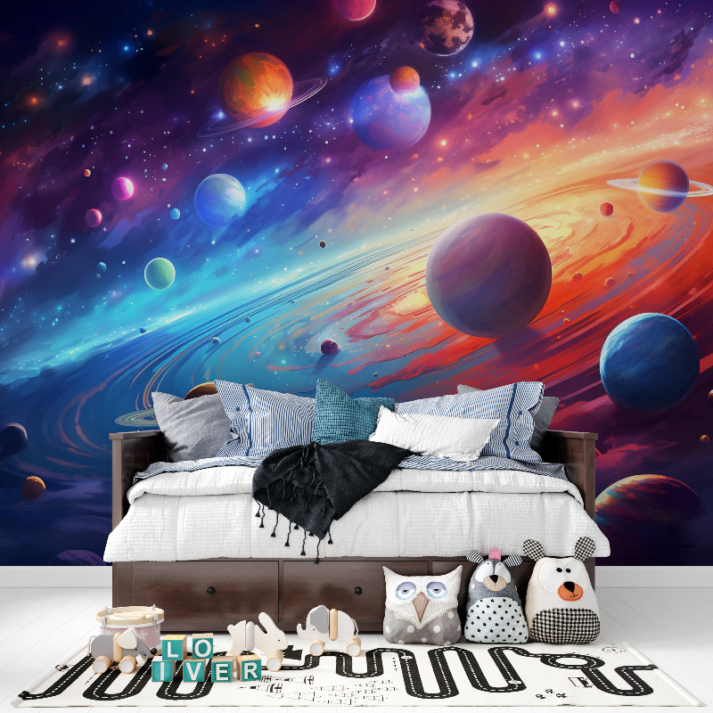 Kids room transformed with vibrant galaxy wall mural showing colorful planets and stars