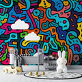 Space mural wallpaper with planets and galaxy design creating a magical atmosphere in a modern kids bedroom