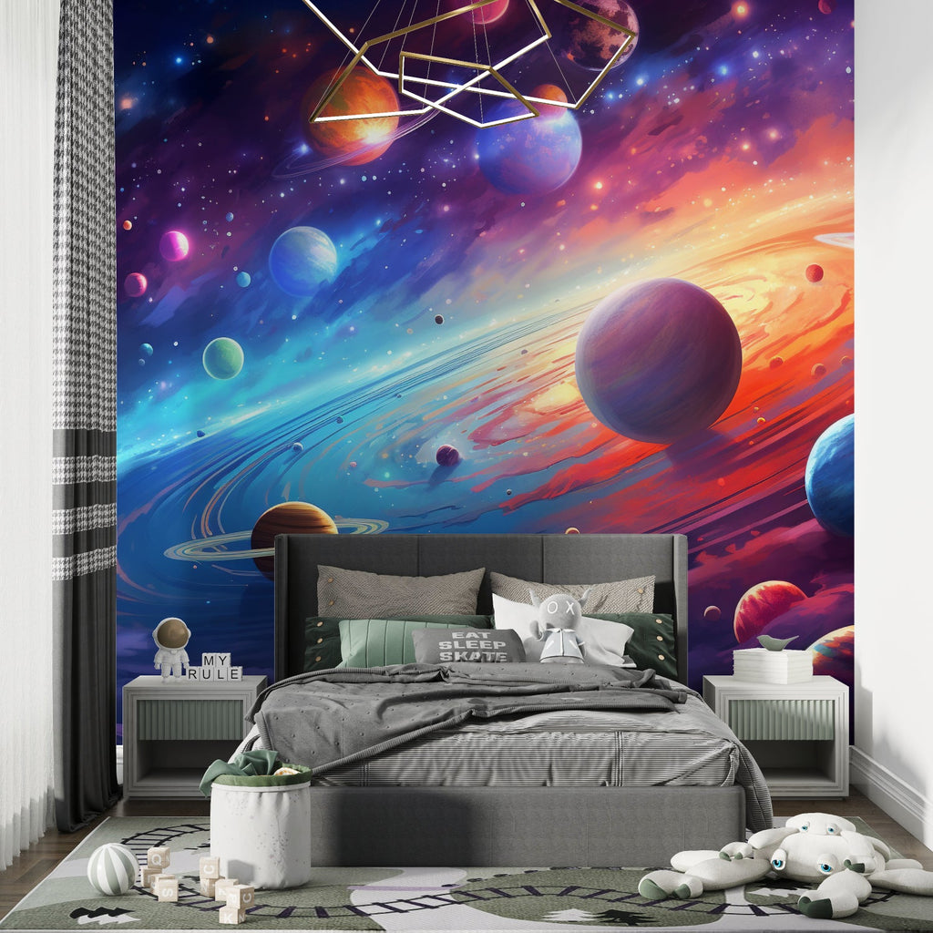 Colorful space mural displayed in a gaming room with LED lighting enhancing the planet details