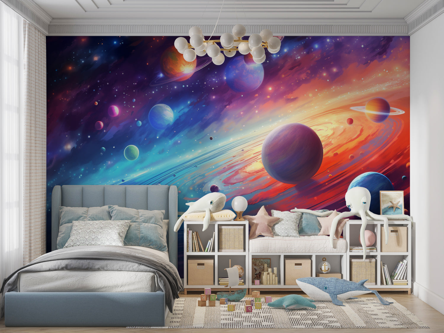 Kids room transformed with colorful galaxy planets mural wallpaper