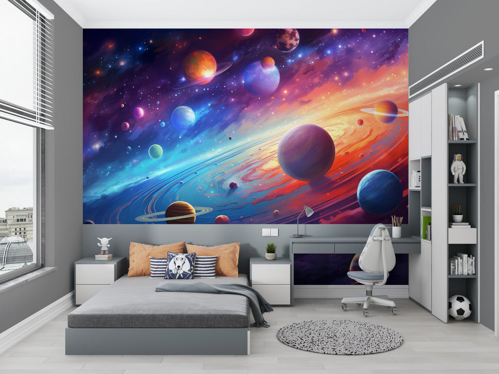 Galaxy wallpaper transforming a study space with vibrant cosmic scenes and floating planets