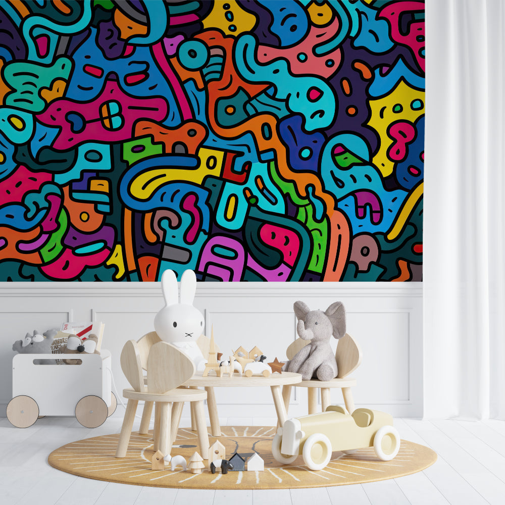 Space themed wallpaper creating depth in a modern playroom setting