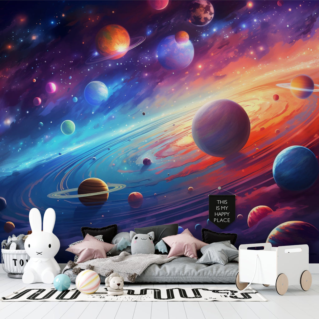 Playroom with space wallpaper showing detailed planets and stars