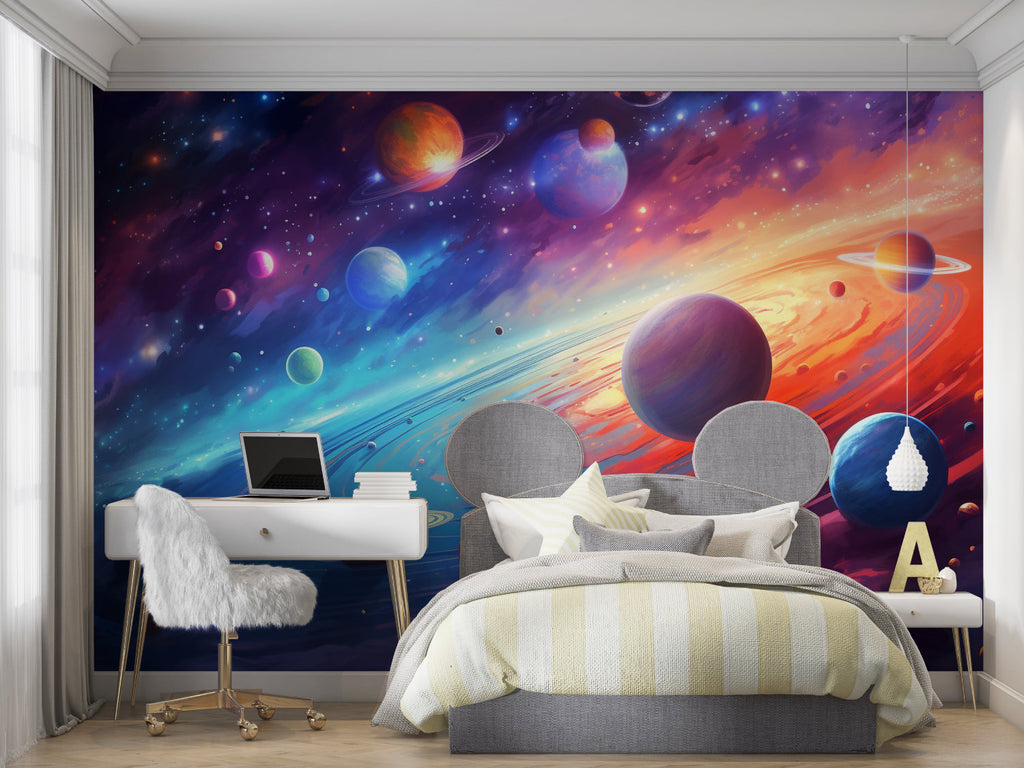 Gaming room featuring immersive space galaxy wall design