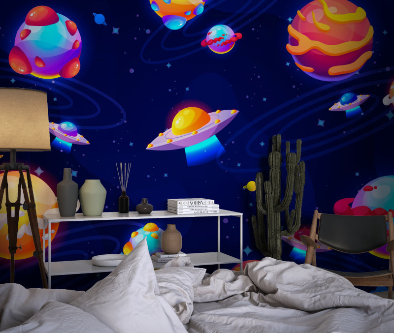 Space wallpaper mural bringing cosmic wonder to a modern kids bedroom with glowing planets and UFOs