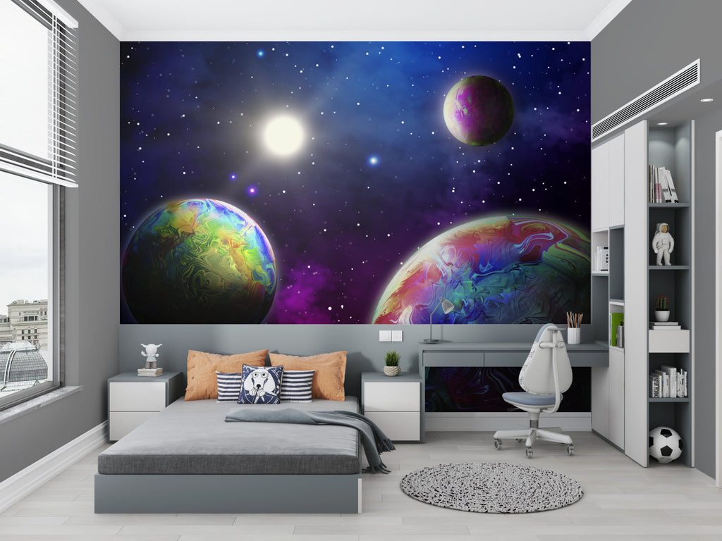Vibrant space mural wallpaper making statement in modern home office