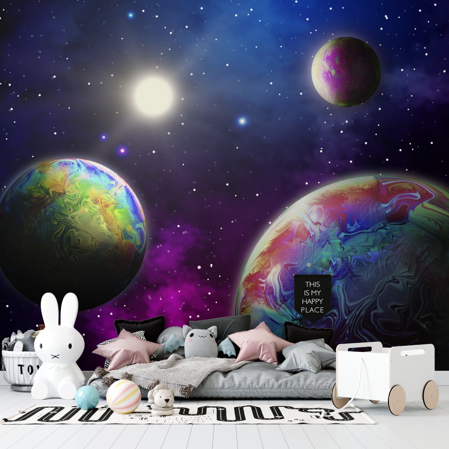 Space galaxy wallpaper transforms this modern bedroom with 3D planets and vibrant cosmic colors