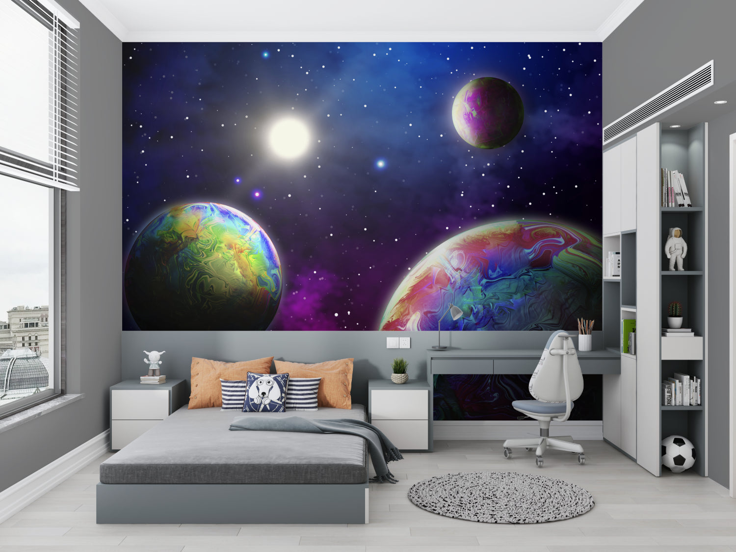 Kids room featuring colorful space mural wallpaper with glowing planets and stars