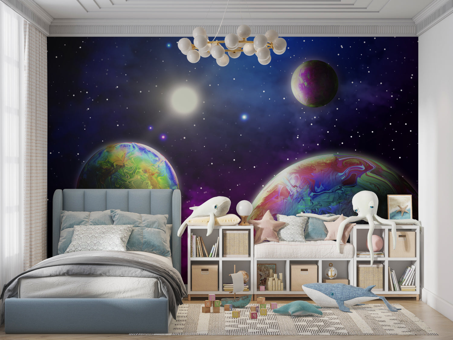 Home office with 3D galaxy wallpaper creating an inspiring workspace atmosphere