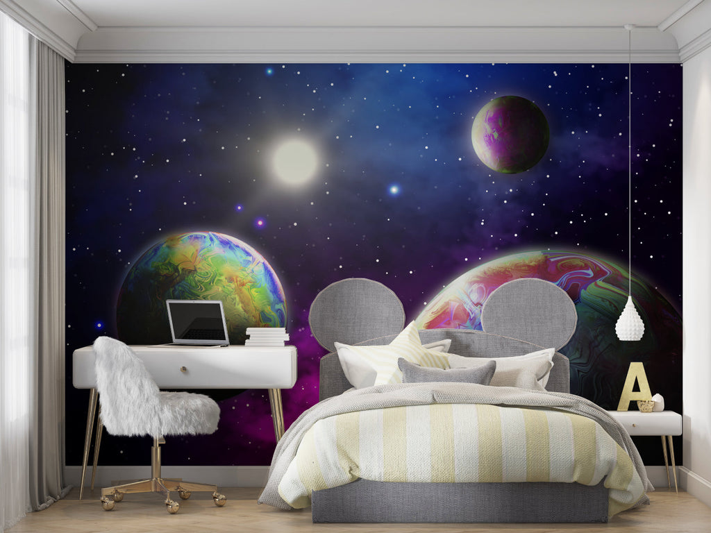 Gaming room with immersive galaxy universe wallpaper creating depth and atmosphere