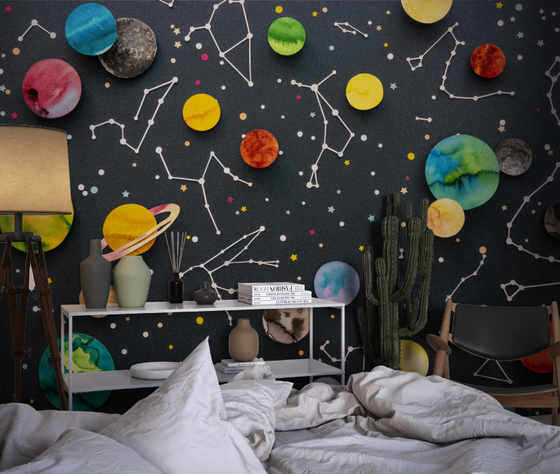 Galaxy constellation mural creating magic in a cozy nursery setting
