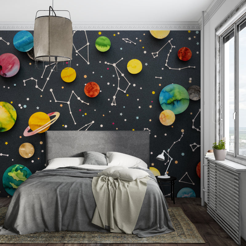 Planets and stars wallpaper adding educational charm to a study area