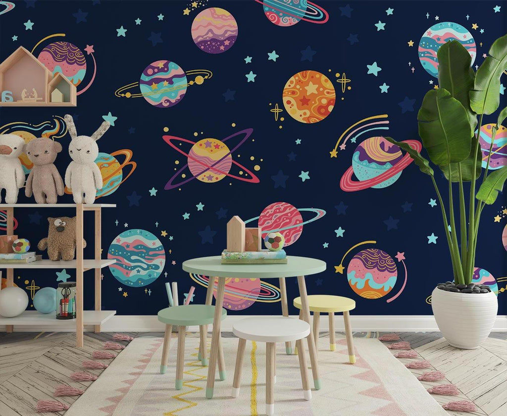 Space mural wallpaper with colorful planets creating a cozy atmosphere in a modern kids bedroom