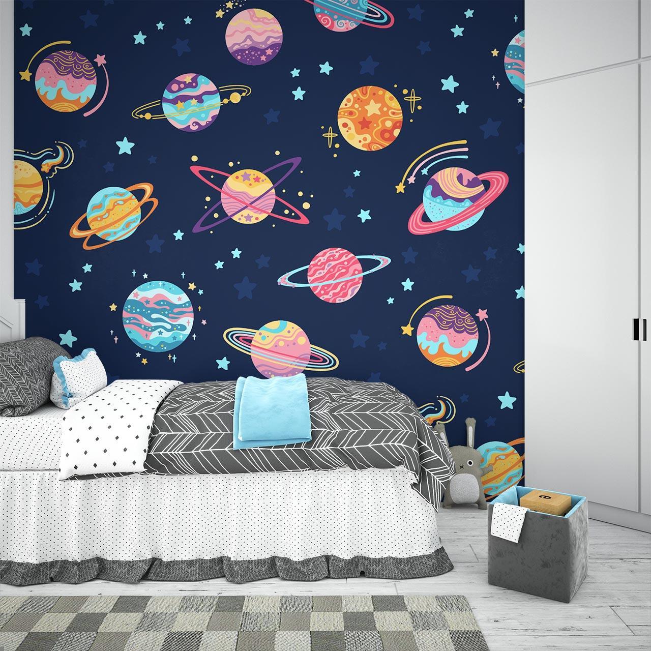 Playroom featuring space wallpaper with bright planets and stars, showing scale and impact
