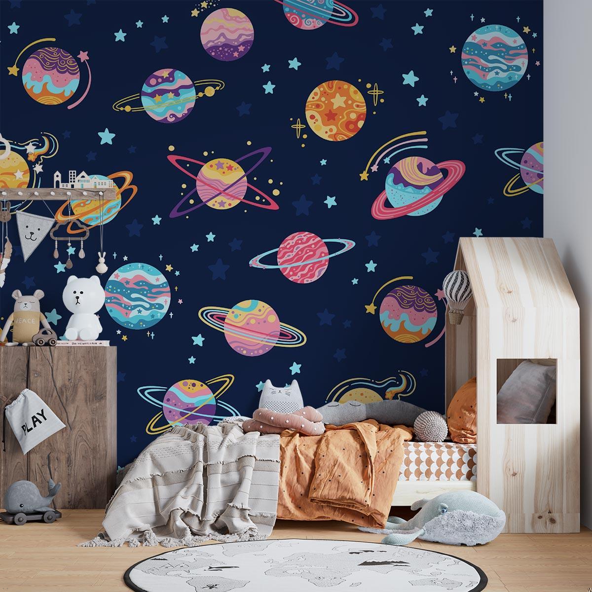 Study area with space-themed wall mural showing planets in soft pastel colors