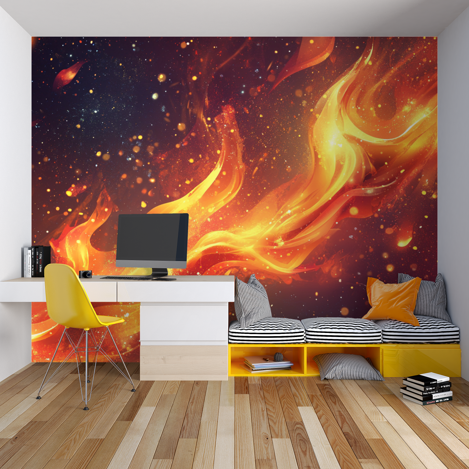 Cosmic fire wall mural in teen bedroom creating warm ambient lighting effect