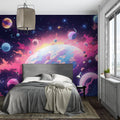 Space nebula wallpaper creating a magical atmosphere in a modern kids bedroom, pink and purple cosmic design