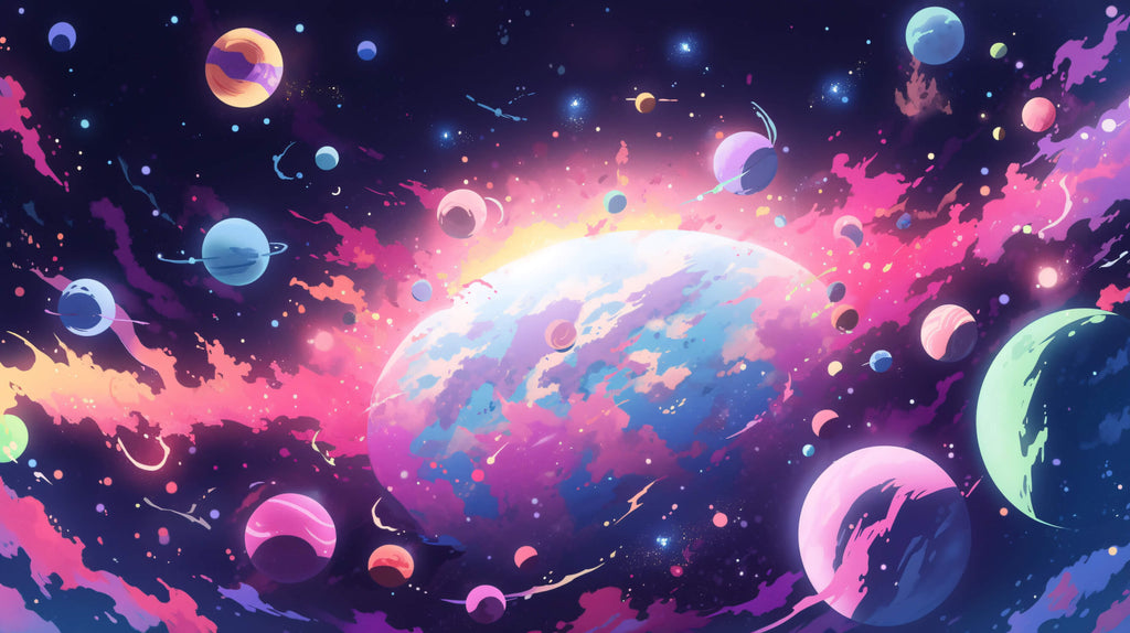Detailed design file of cosmic nebula wallpaper with vivid planets and swirling galaxy patterns