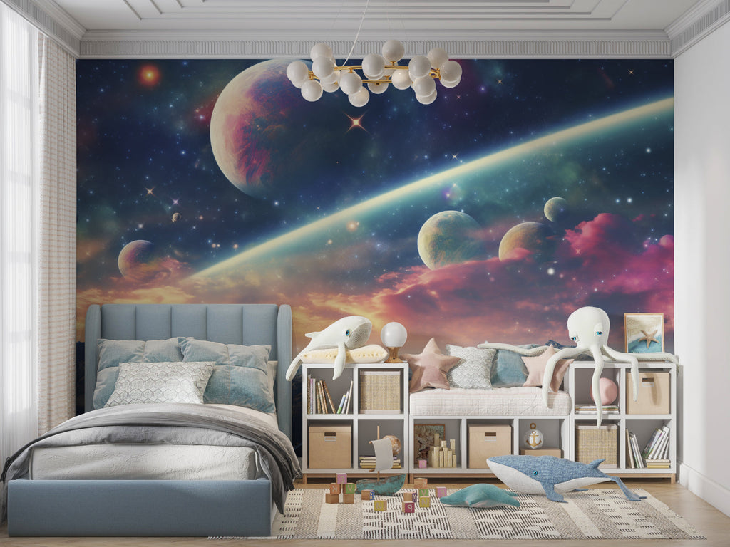 Space galaxy wallpaper in modern kids bedroom showing planets and stars