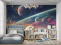 Space galaxy wallpaper in modern kids bedroom showing planets and stars