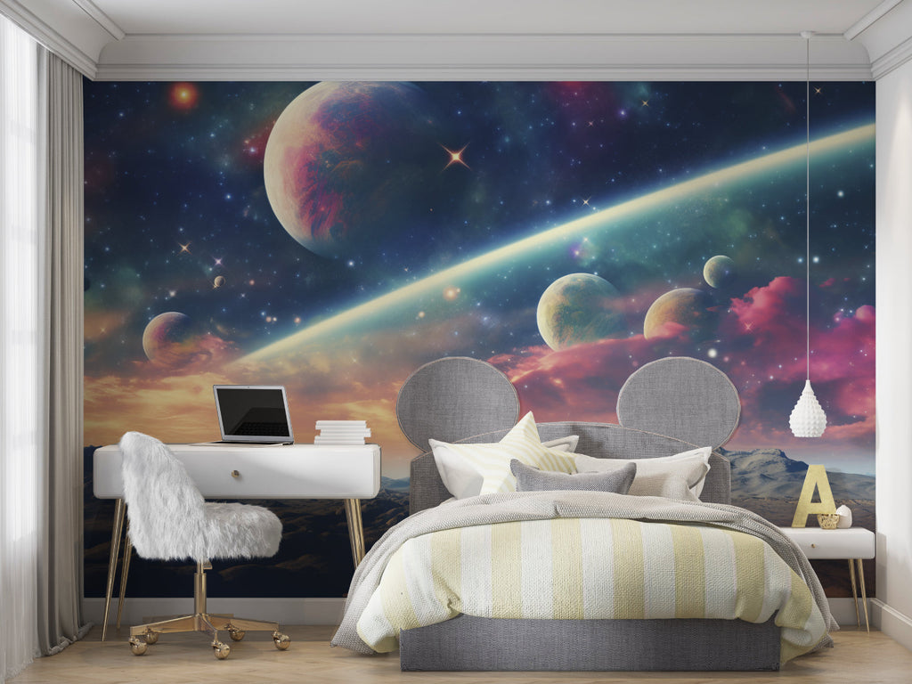 Planet wallpaper design brightening up playroom walls