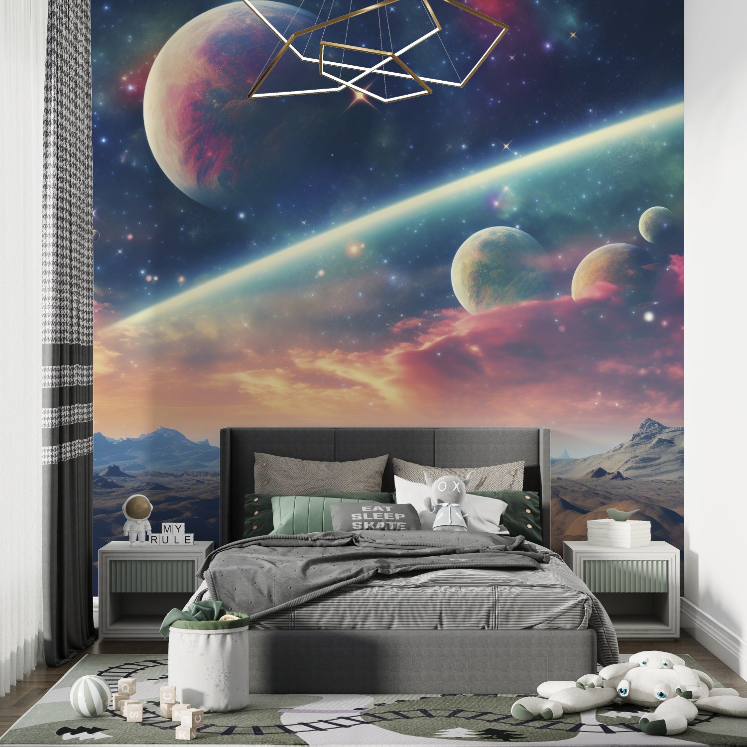 Space themed mural in modern home office with desk setup
