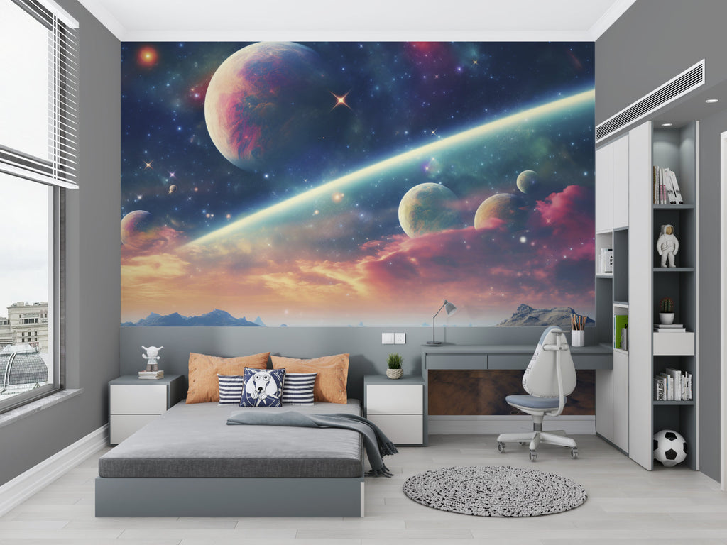 Galaxy wallpaper installation in cozy reading nook