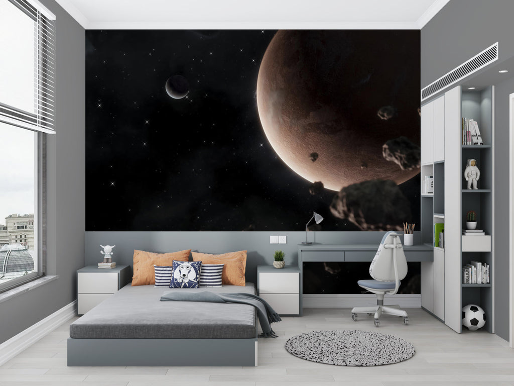 Home office featuring space themed wall mural with red planet and starry background