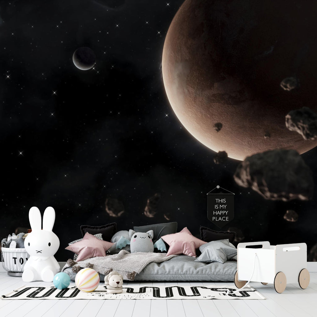 Teen bedroom showcasing planet wall mural with stunning night sky effect