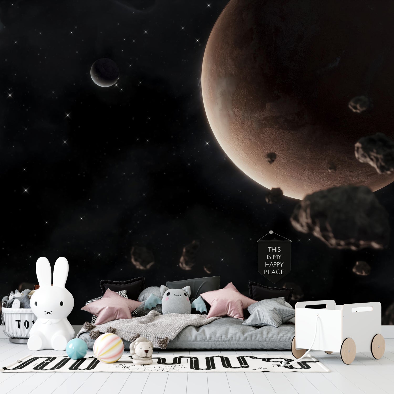 Teen bedroom showcasing planet wall mural with stunning night sky effect