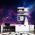 Space wallpaper mural in modern kids bedroom showing planets and astronaut design