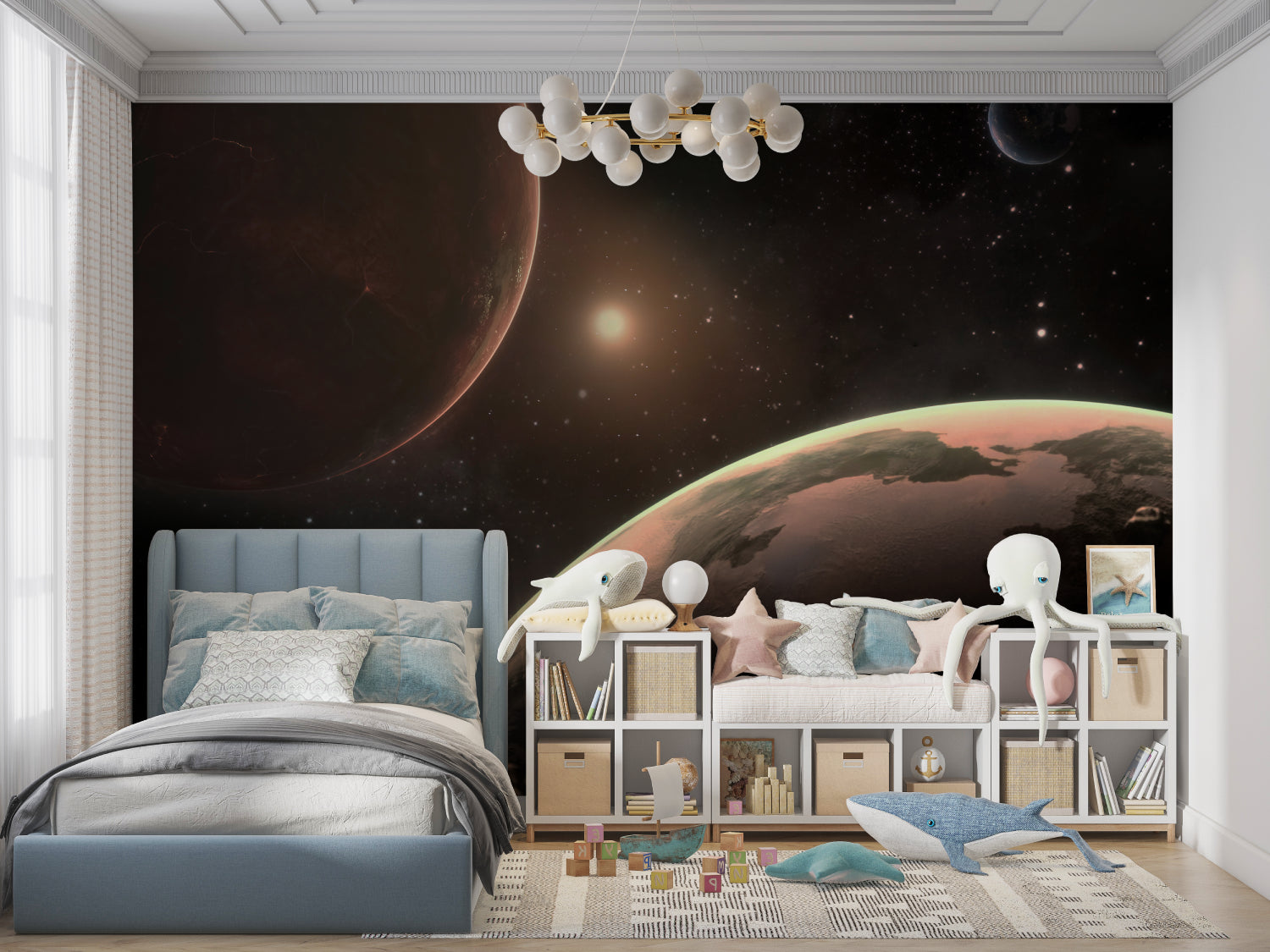 Space mural wallpaper transforming a modern bedroom into a cosmic observatory