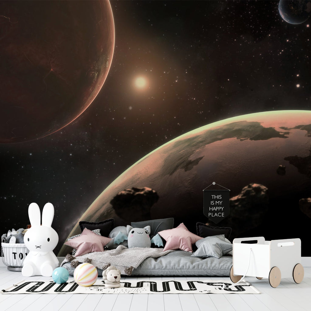 Kids room featuring planet wallpaper with glowing stars and cosmic details