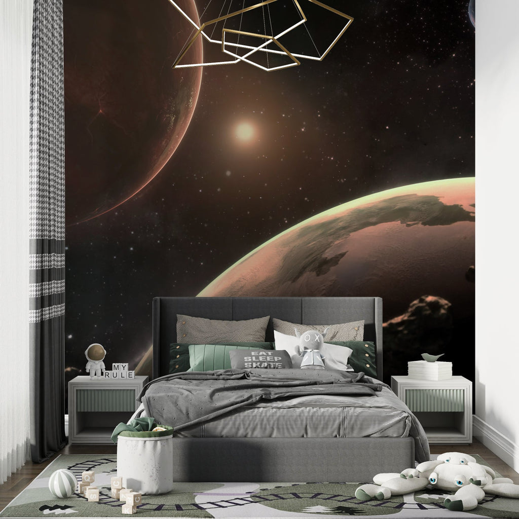 Home office space with galaxy wall mural creating professional atmosphere